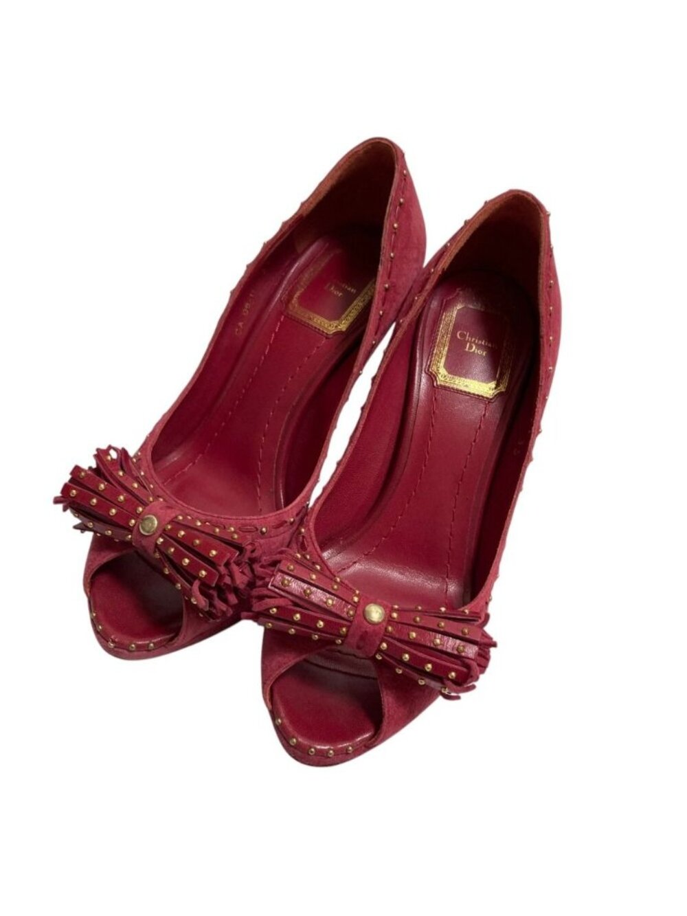 Dior Tassel Ribbon Open Toe Suede Pumps Pink Heel